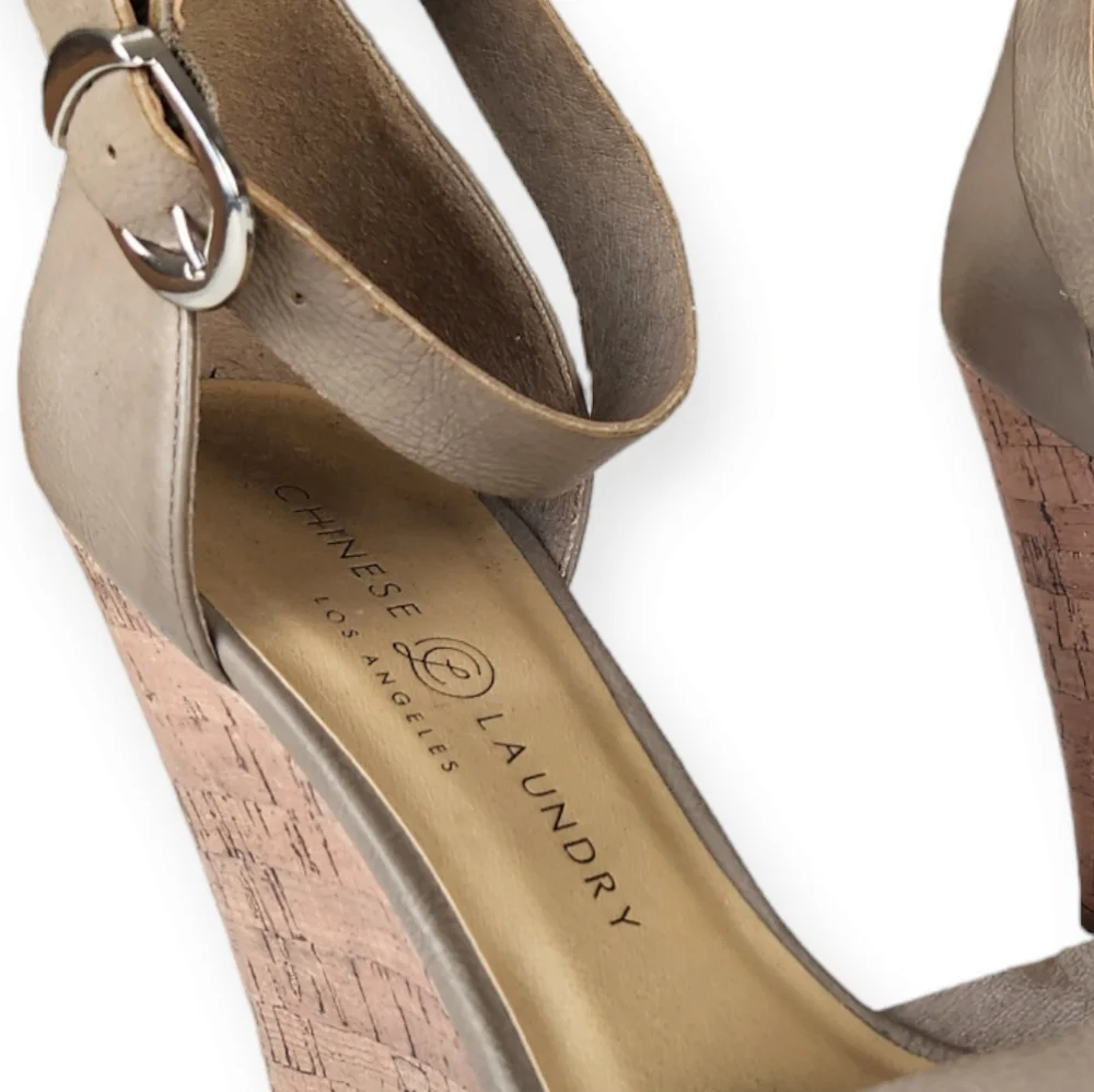 Chinese Laundry Beige Wedge Ankle Strap Heels size 7M